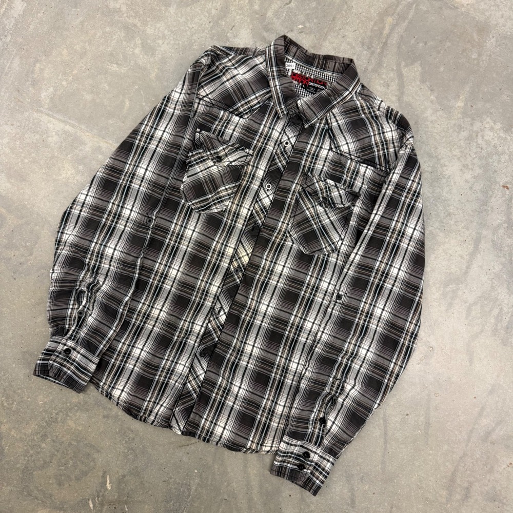 Y2K Mens Distortion Plaid Western Button Up Shirt Grunge Skater Large